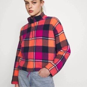 American Eagle Bright Plaid Half-Zip Sherpa Fleece Pullover